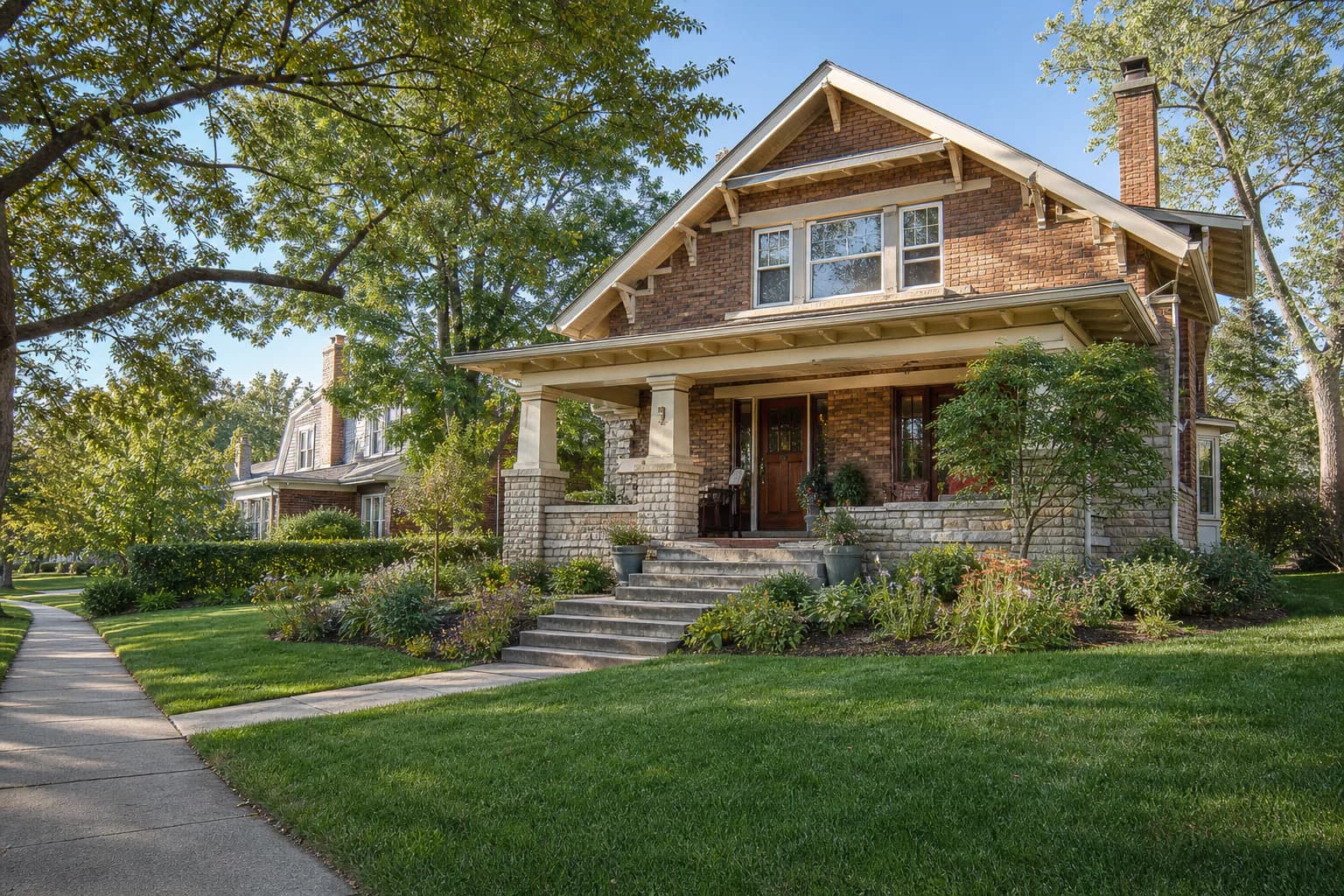 Brick-and-stone Craftsman home on a tree-lined Missouri street