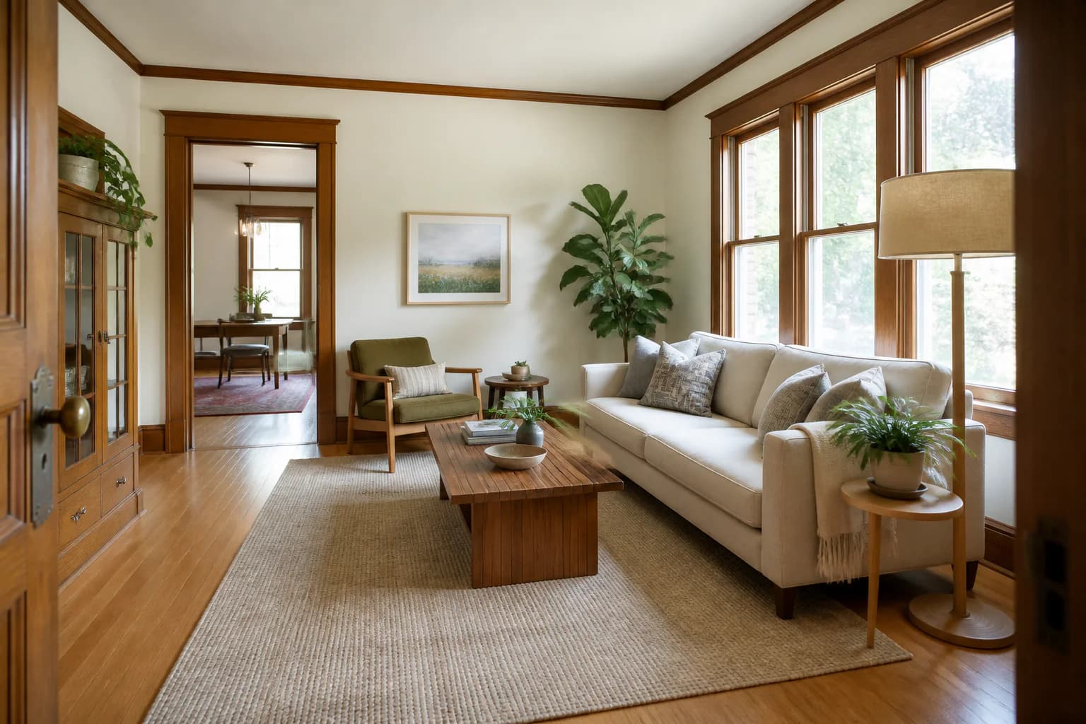 Welcoming Missouri living room with restored woodwork